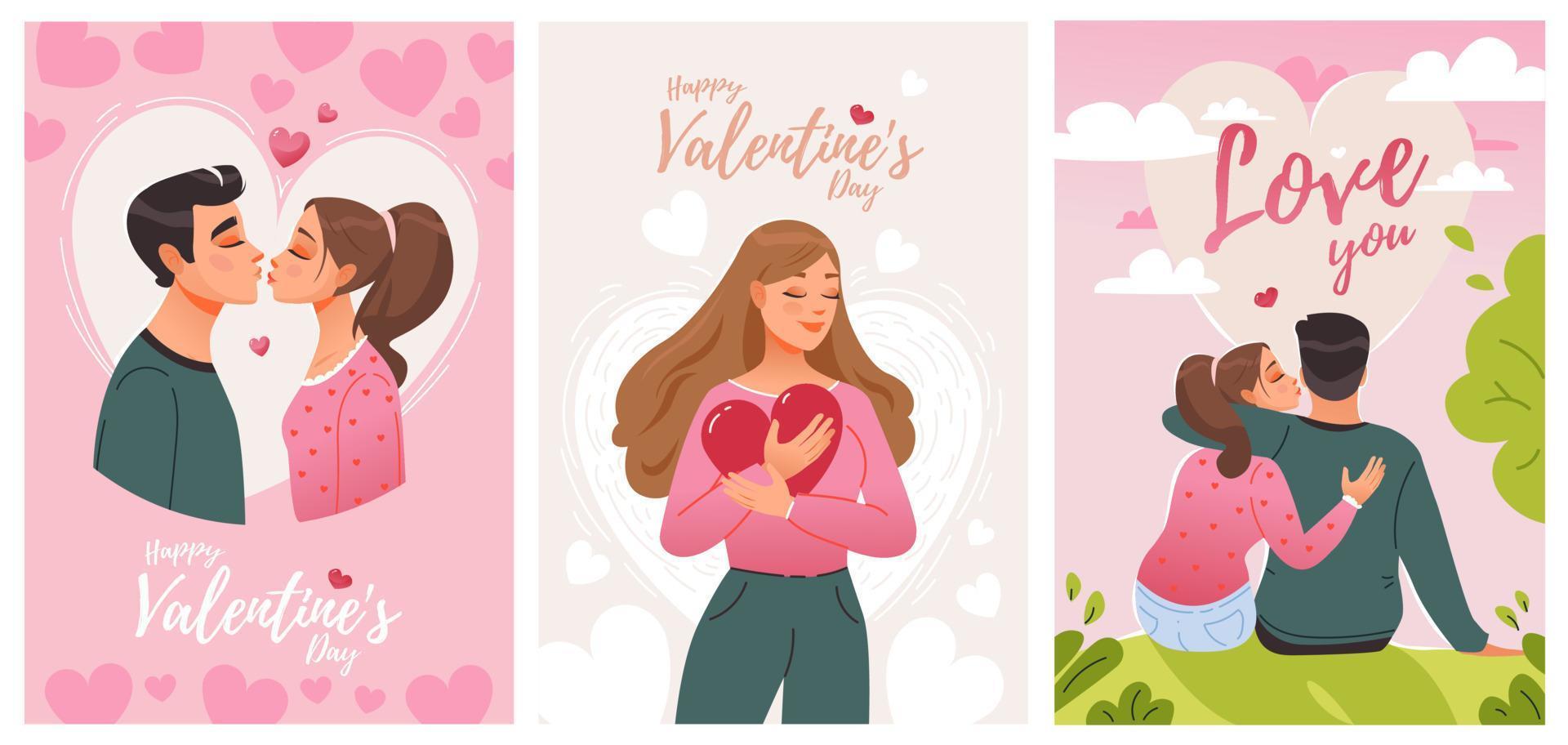 día de San Valentín. una pareja de enamorados abrazos y besos. 14 de febrero ilustración de vector de dibujos animados lindo