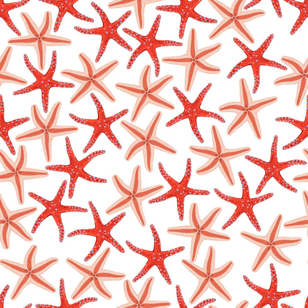 Hand drawn seamless pattern with two types of starfishes, vector illustration on white background