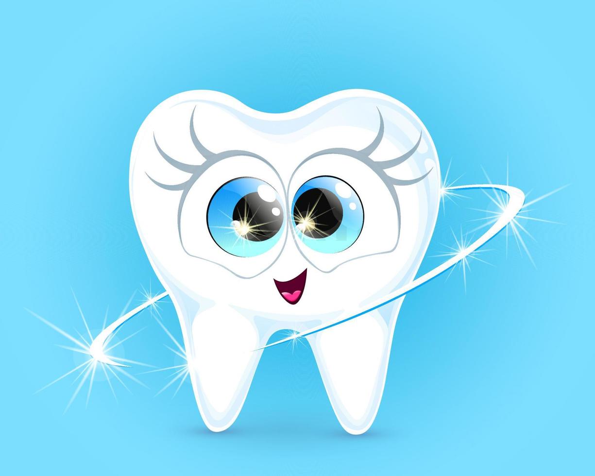 lindo personaje de dibujos animados de dientes sanos y brillantes con efecto brillante, higiene dental oral y concepto de blanqueamiento. vector