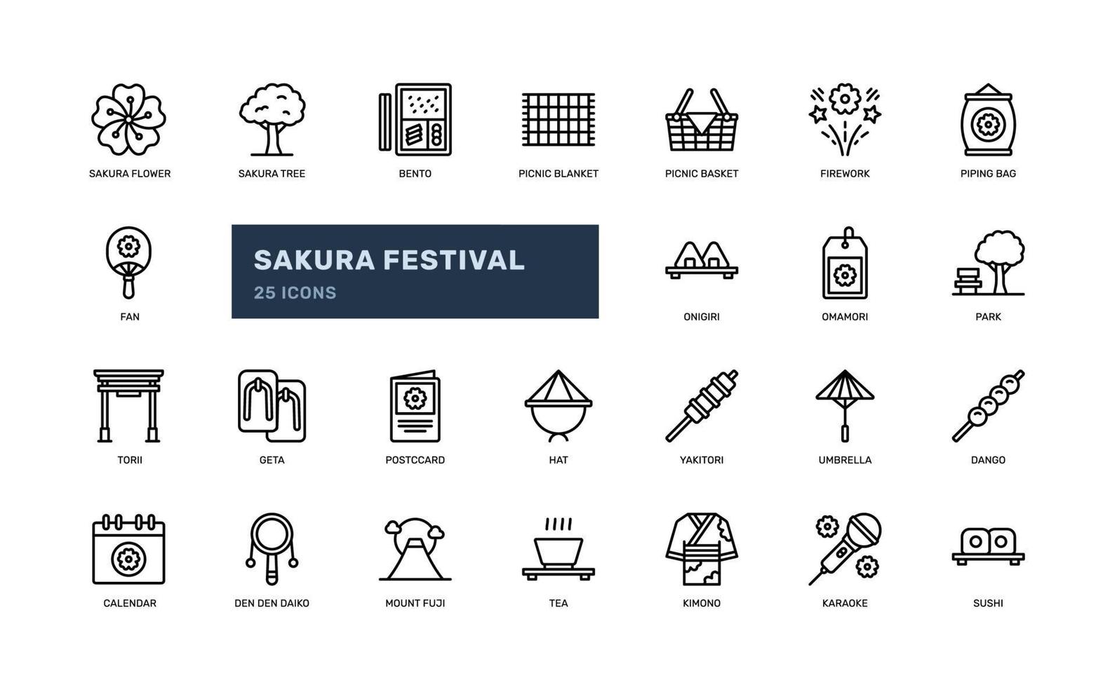 sakura festival cherry blossom picnic festive tradition detailed outline line icon set vector