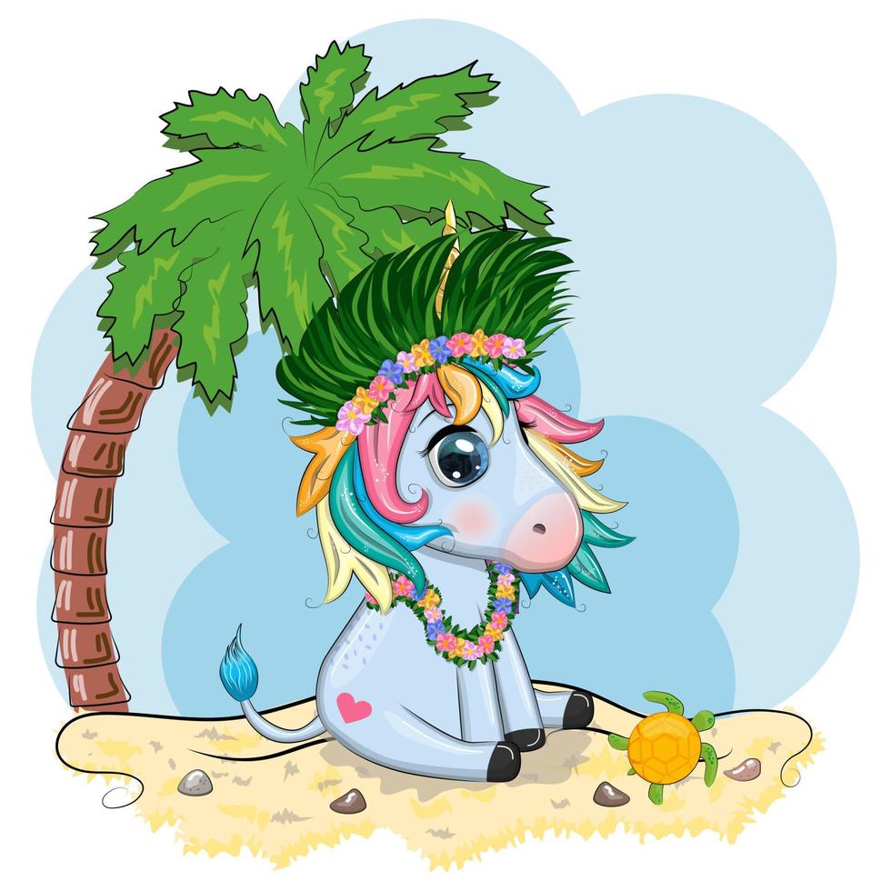 Cute cartoon unicorn dressed as a hula dancer, Hawaii, ready to go character. Summer, sea, palm trees, beach vector