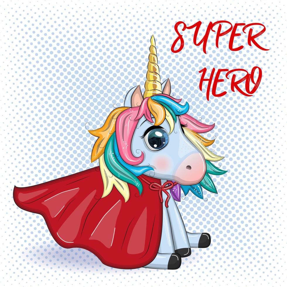 lindo personaje de unicornio con capa como superhéroe. ilustración de diseño de dibujos animados aislado vector