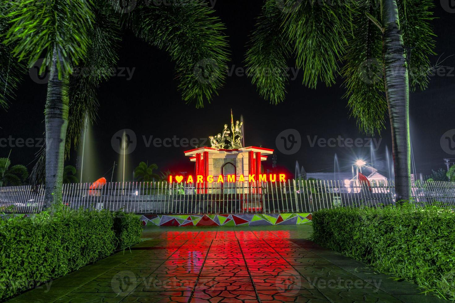 vista nocturna de la ciudad con una fuente foto