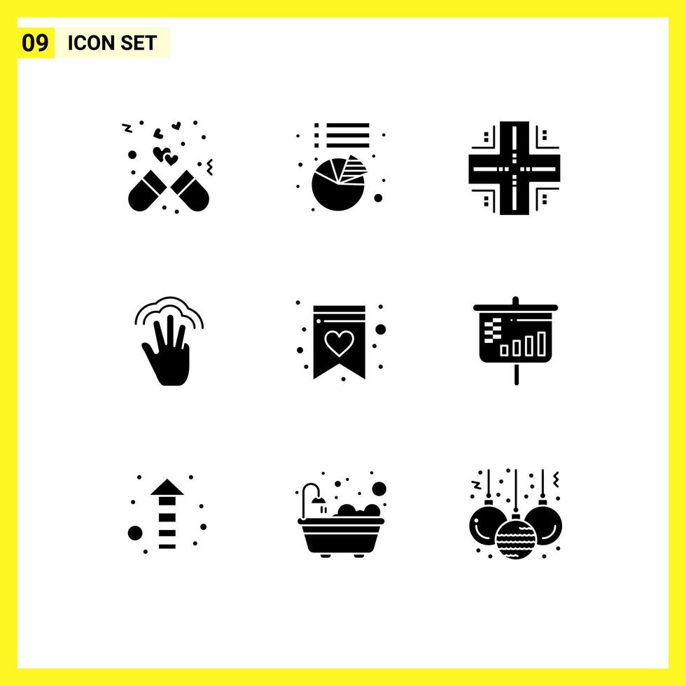 Set of 9 Commercial Solid Glyphs pack for multiple touch hand computing gestures server Editable Vector Design Elements