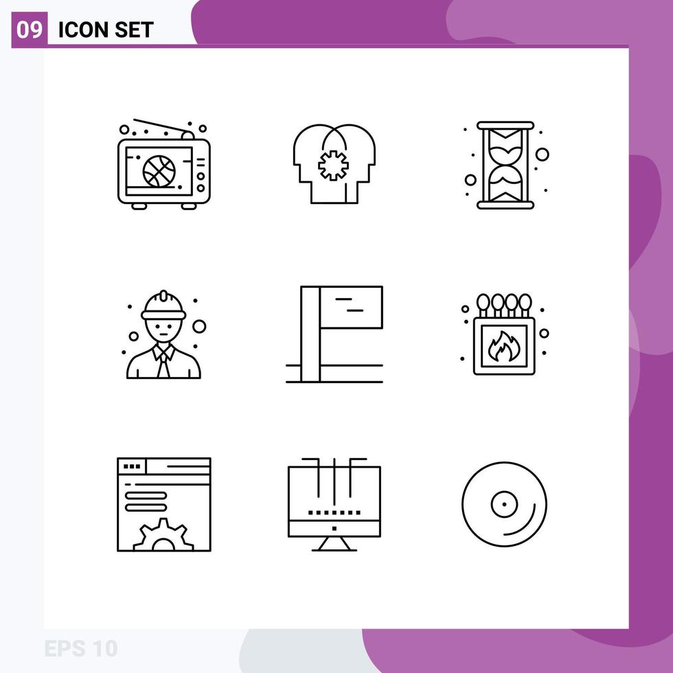 9 User Interface Outline Pack of modern Signs and Symbols of camping flag setting worker line worker Editable Vector Design Elements