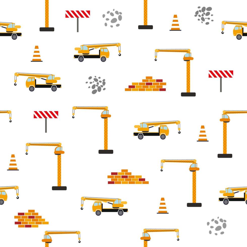 Cute childish seamless pattern with yellow car dump truck, crane, concrete mixer. Construction site illustration in cartoon style vector
