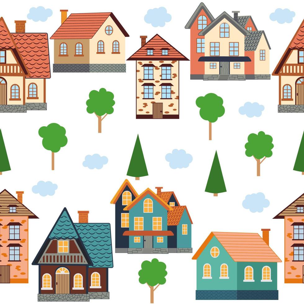 Street with cute houses seamless pattern. Village or city, neat cozy home vector