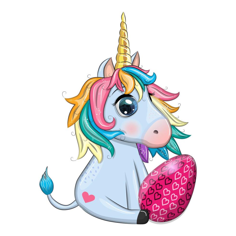 Easter unicorn cartoon character with easter egg, postcard. vector