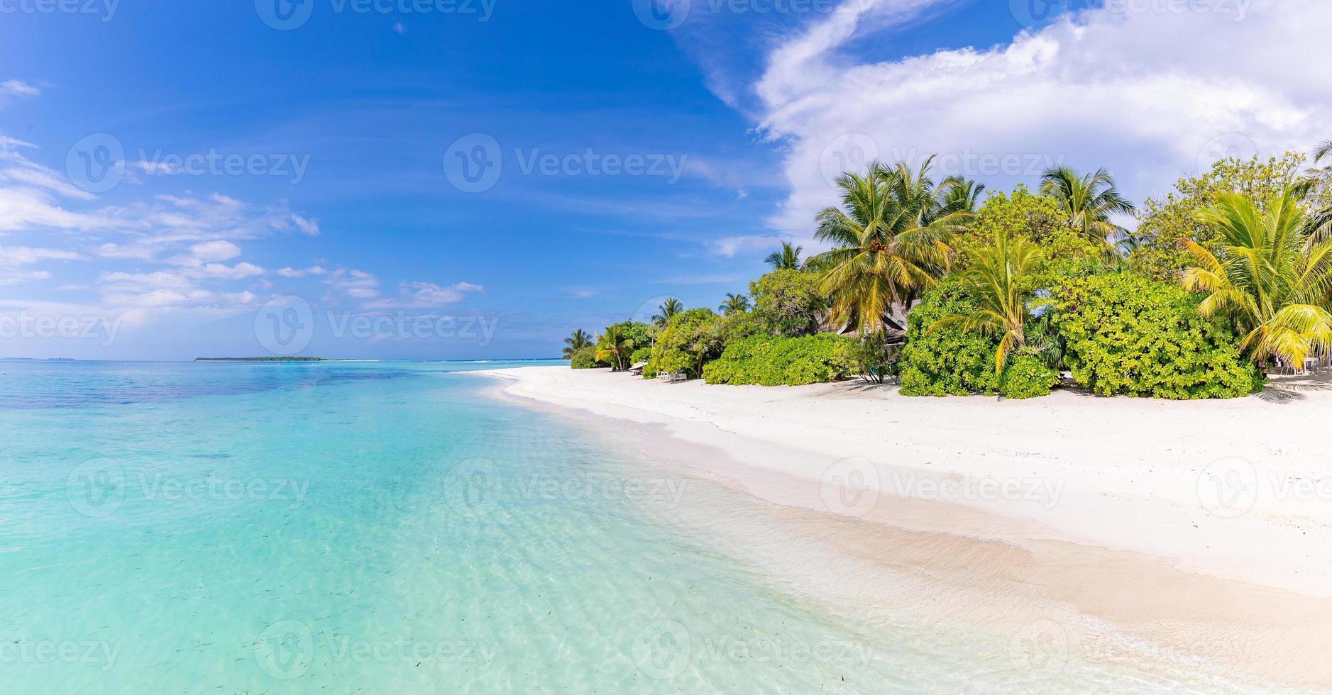 Beautiful beach landscape. Summer holiday and vacation concept. Inspirational tropical beach. Beach background banner. Sea sky white sand and coco palms travel tourism wide panorama background concept photo