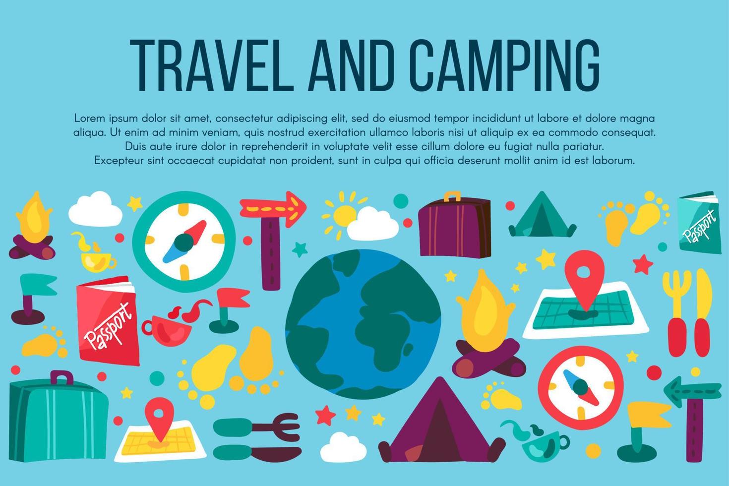 banner de dibujos animados de camping y viajes con espacio de texto vector