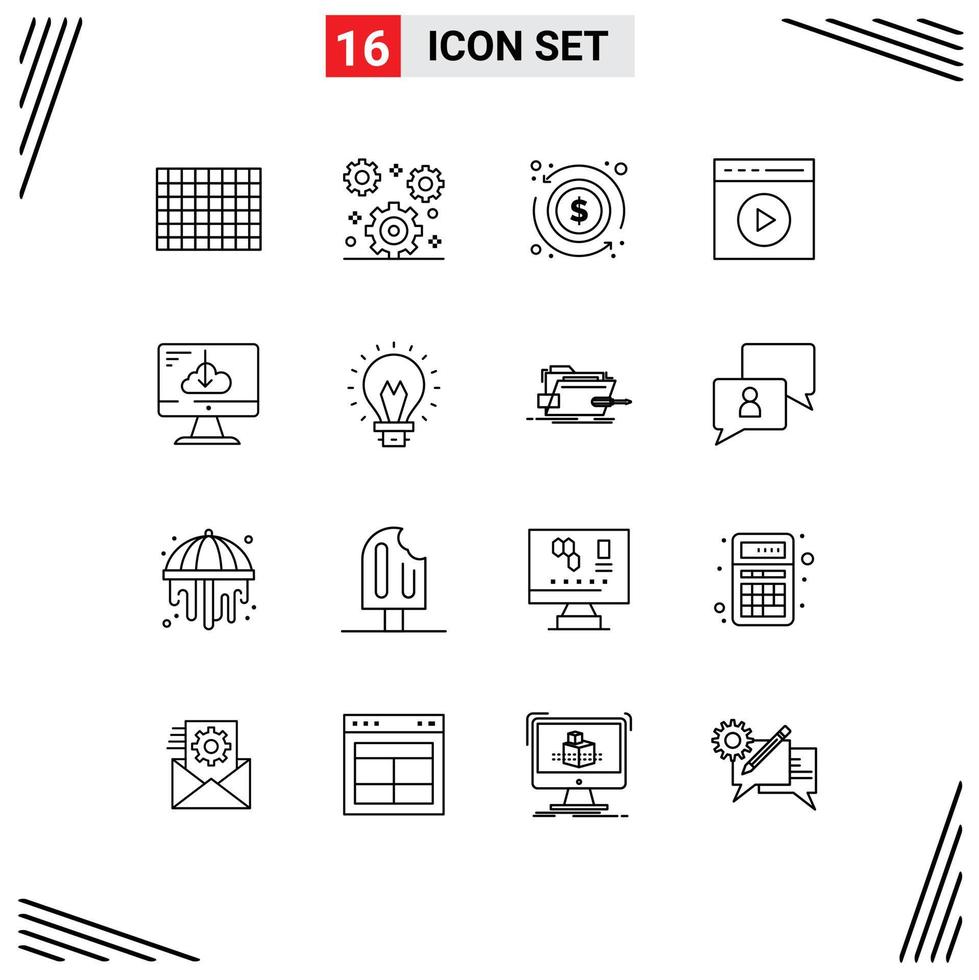 Outline Pack of 16 Universal Symbols of download watch video dollar video play media play Editable Vector Design Elements