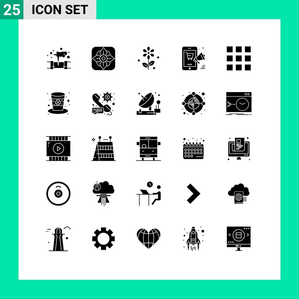 Pack of 25 Modern Solid Glyphs Signs and Symbols for Web Print Media such as leprechaun hat mobile day grid Editable Vector Design Elements