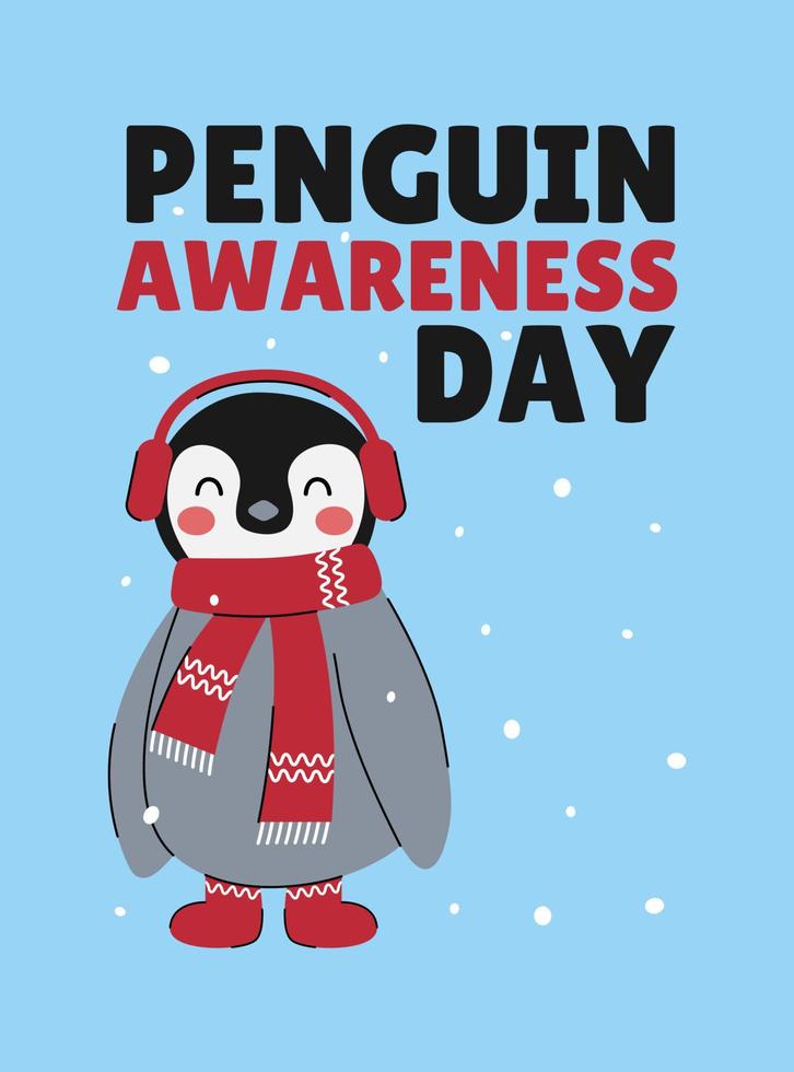Penguin Awareness Day vector illustration on blue background. Happy penguin in headphones, scarf and socks