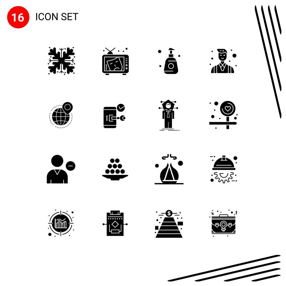 Modern Set of 16 Solid Glyphs Pictograph of globe entrepreneur paint businessman sprayer Editable Vector Design Elements