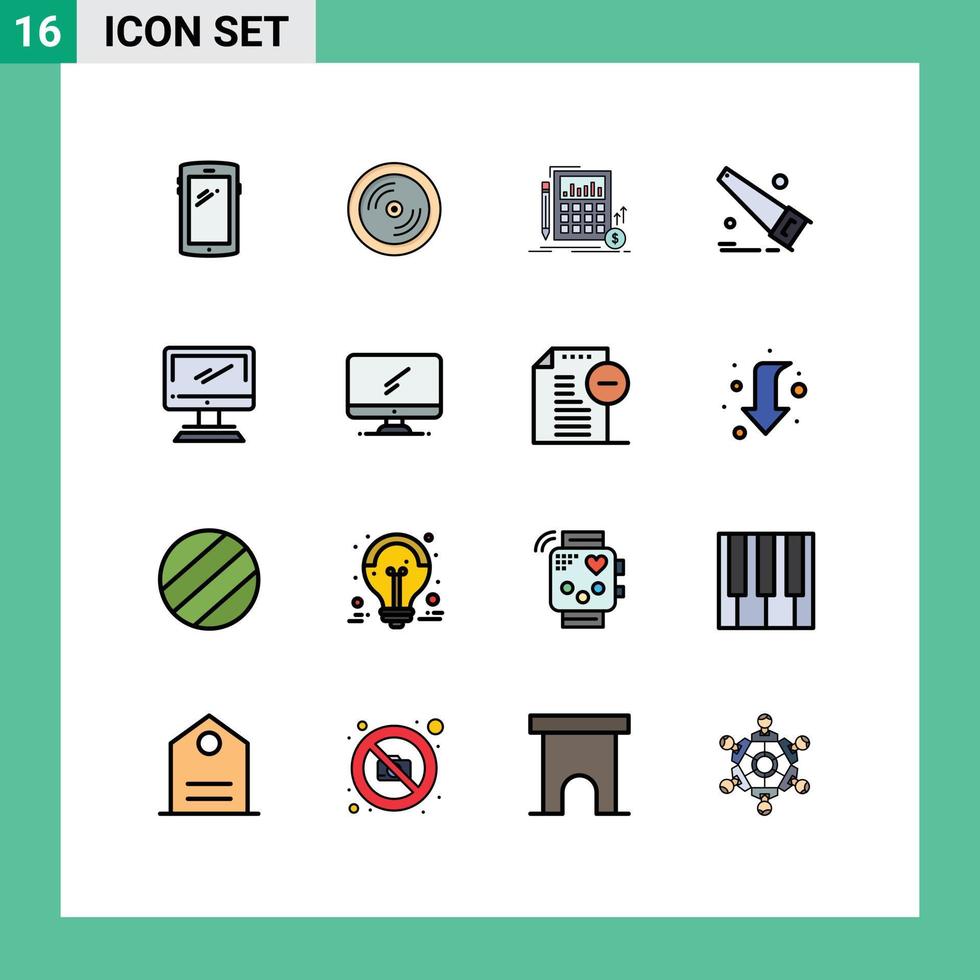 Mobile Interface Flat Color Filled Line Set of 16 Pictograms of computer hand education saw investment Editable Creative Vector Design Elements