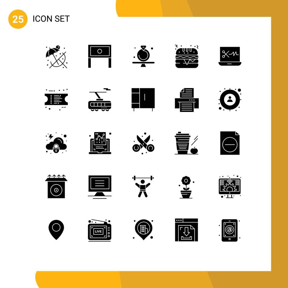 User Interface Pack of 25 Basic Solid Glyphs of audio editing software burger present food gavel Editable Vector Design Elements