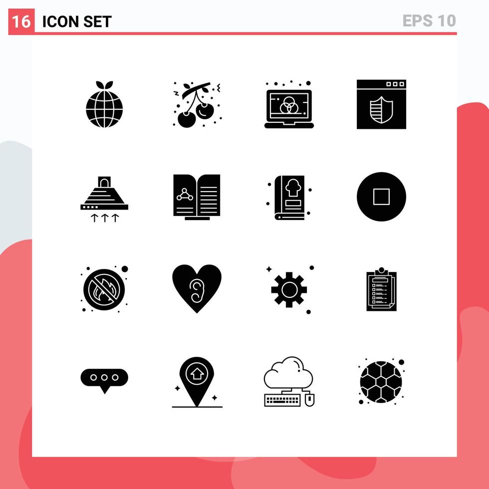 Modern Set of 16 Solid Glyphs Pictograph of cooking webpage color shield browser Editable Vector Design Elements