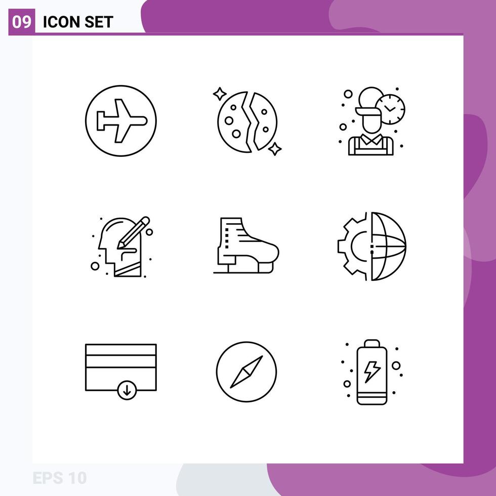 Mobile Interface Outline Set of 9 Pictograms of thinking human planet head time Editable Vector Design Elements