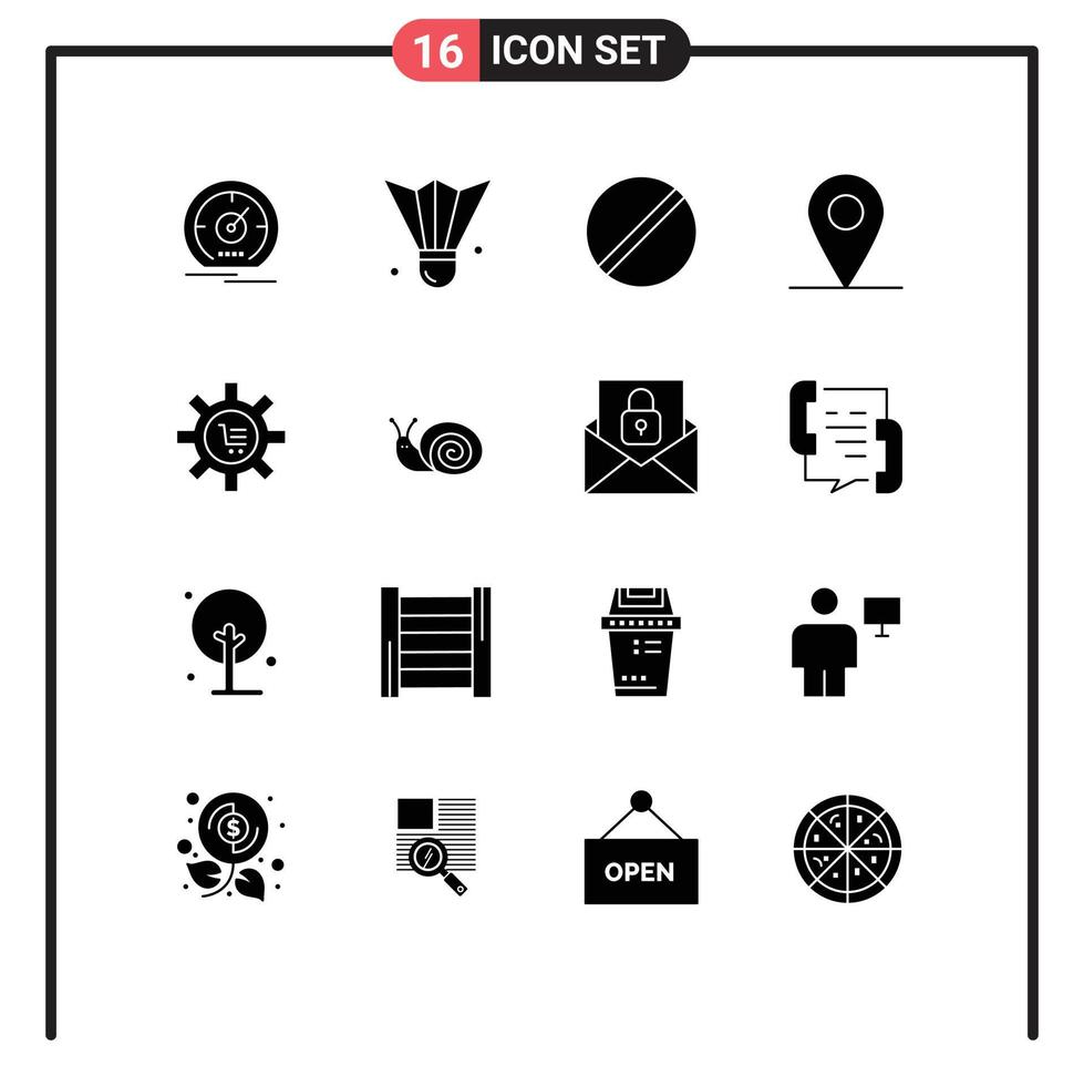 Set of 16 Commercial Solid Glyphs pack for cart location shuttlecock science medicine Editable Vector Design Elements