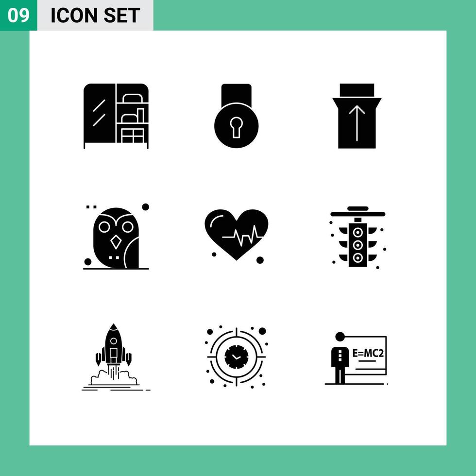 Universal Icon Symbols Group of 9 Modern Solid Glyphs of science heart slide study night Editable Vector Design Elements