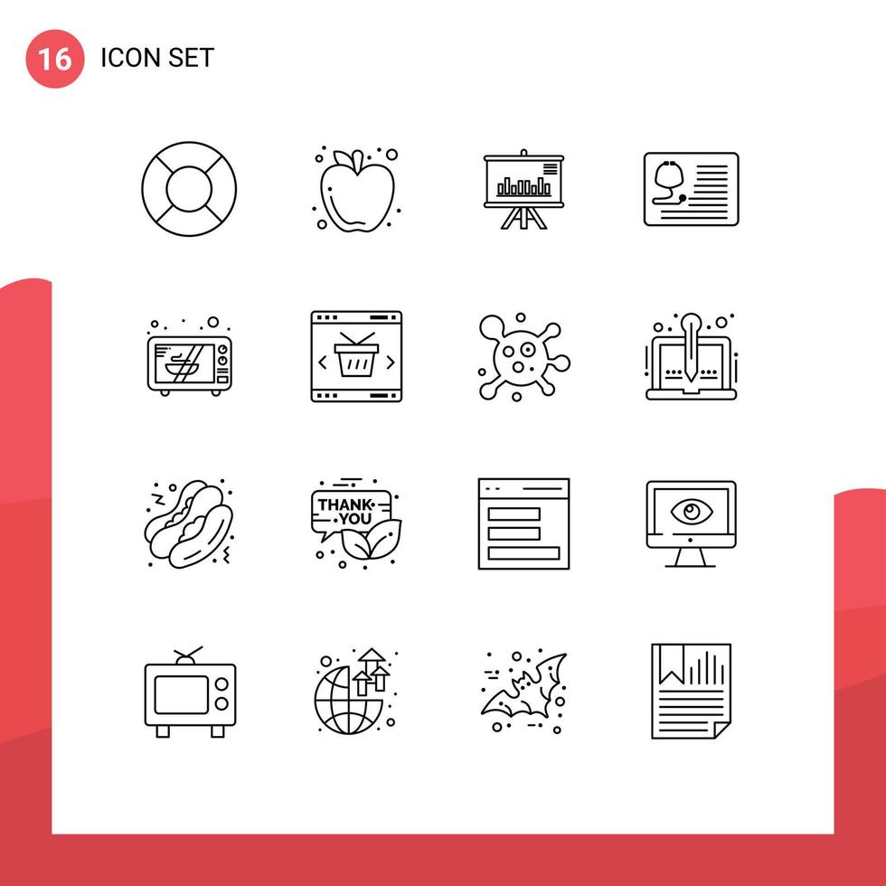 Pack of 16 Modern Outlines Signs and Symbols for Web Print Media such as microwave medical project healthcare doctor Editable Vector Design Elements