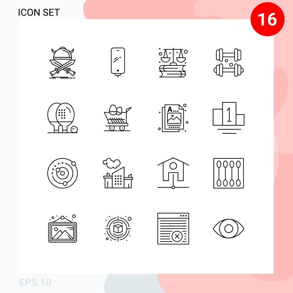 Set of 16 Modern UI Icons Symbols Signs for medical fitness charging dumbbell laws Editable Vector Design Elements
