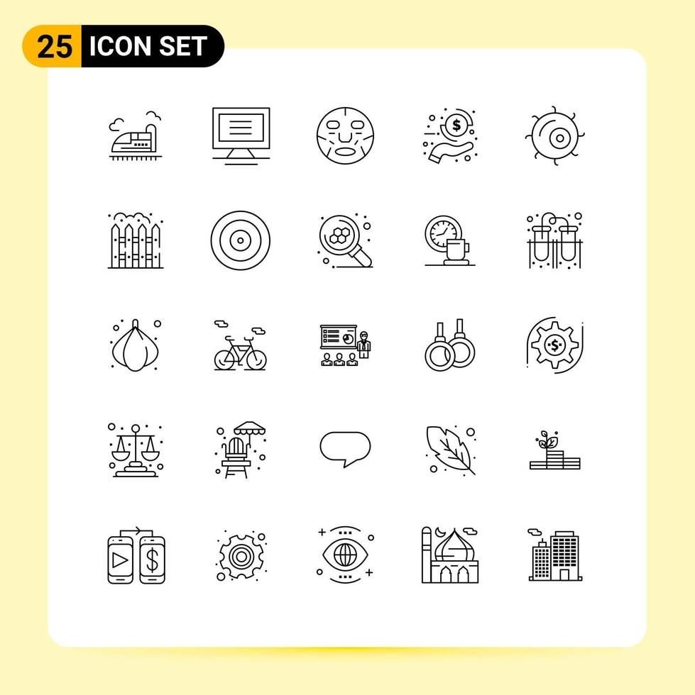 Pack of 25 Modern Lines Signs and Symbols for Web Print Media such as microscope payment cosmetics money coin Editable Vector Design Elements