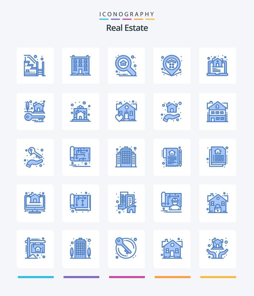 paquete de iconos azules creative real estate 25 como estate. mapa. casa. localización. buscar vector