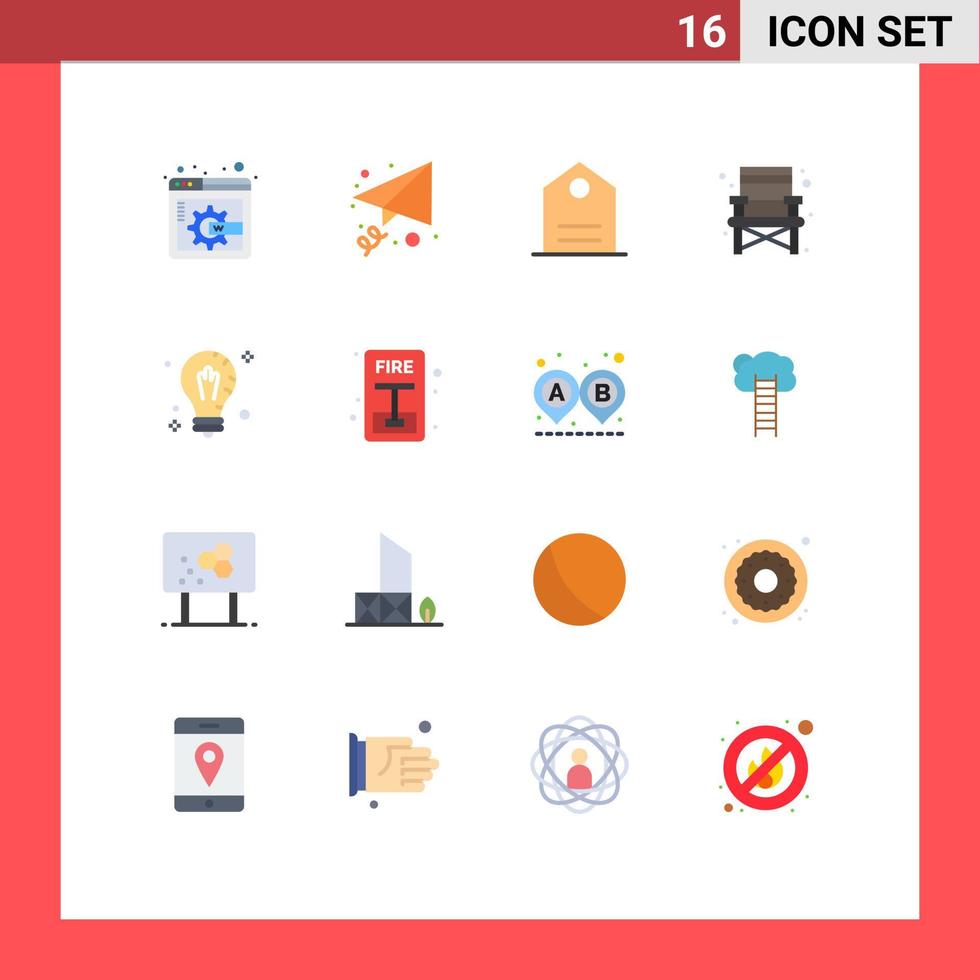 grupo de símbolos de iconos universales de 16 colores planos modernos de lámpara de solución de silla de luz de escape paquete editable de elementos creativos de diseño de vectores
