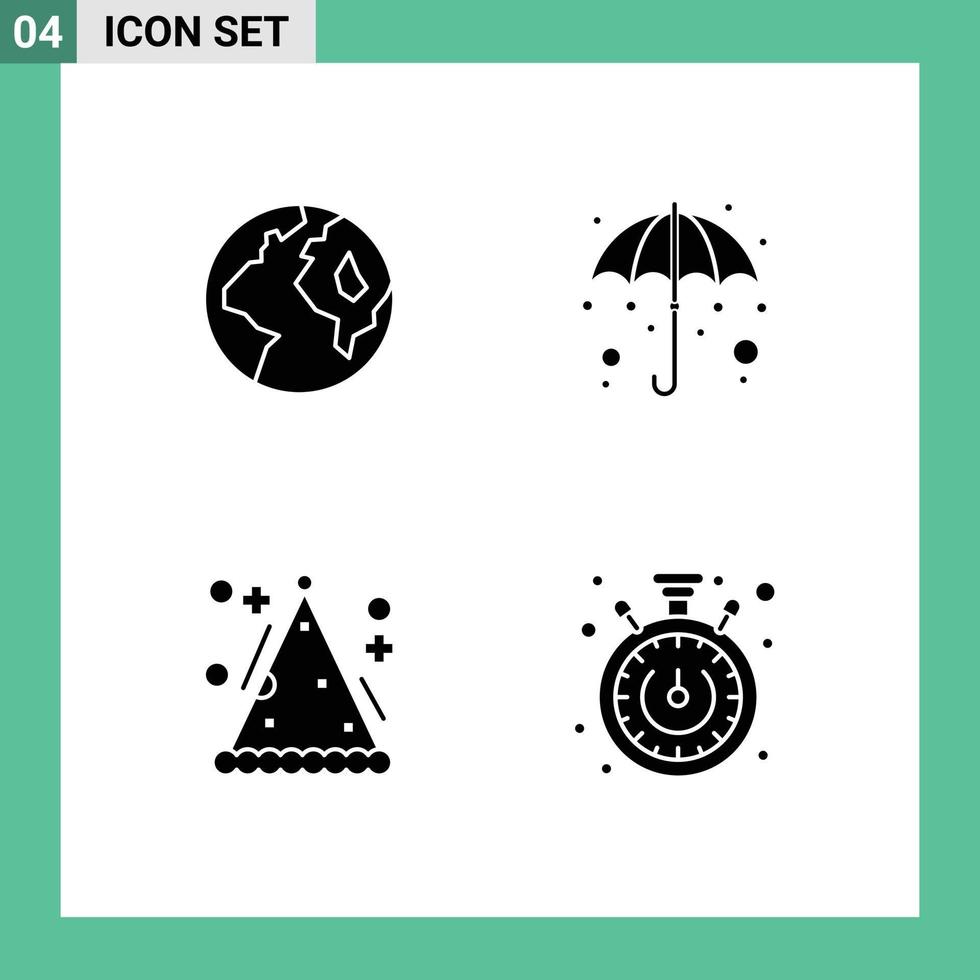 Mobile Interface Solid Glyph Set of 4 Pictograms of earth holiday colorful umbrella stopwatch Editable Vector Design Elements