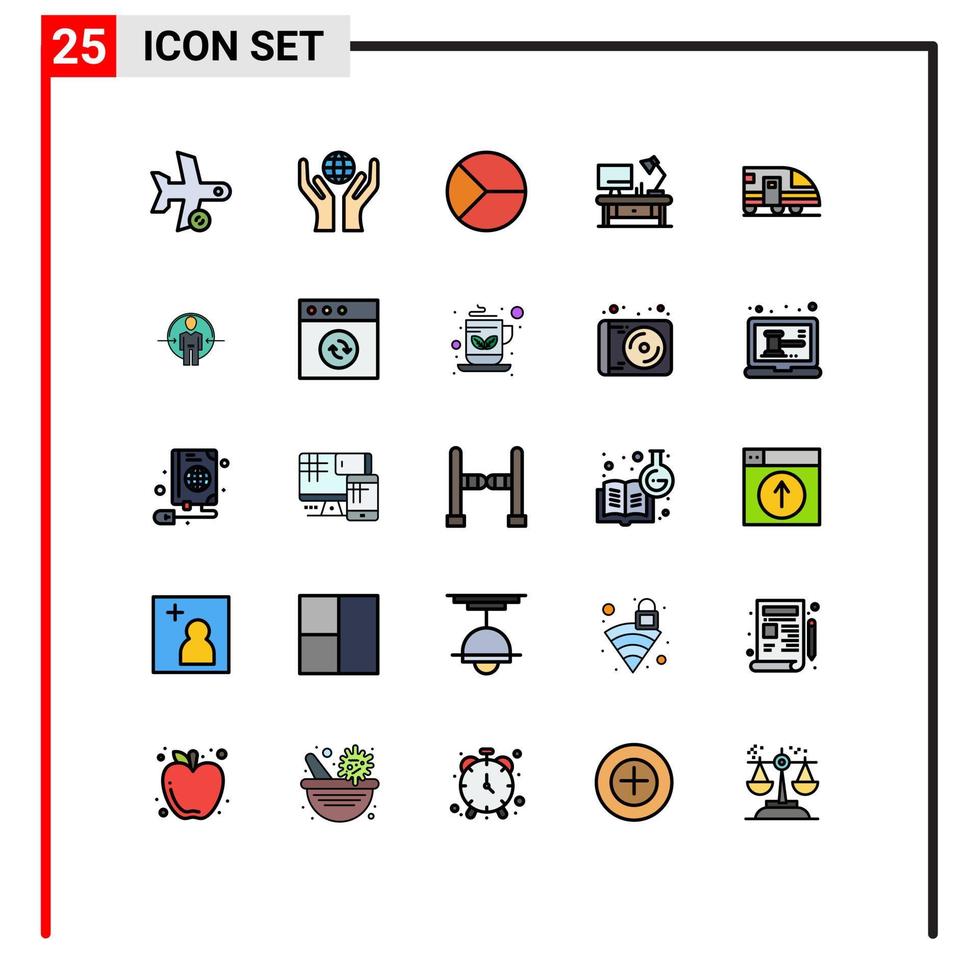 25 Universal Filled line Flat Colors Set for Web and Mobile Applications station office table business lamp pie Editable Vector Design Elements