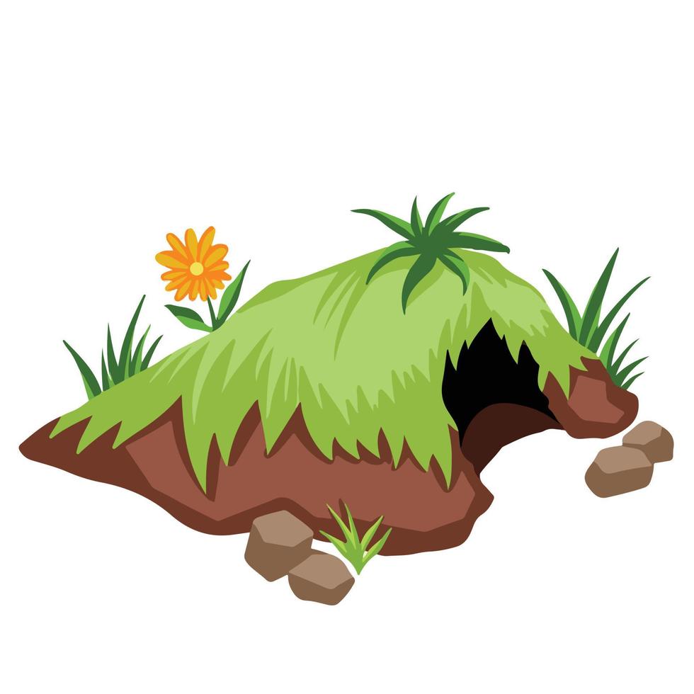 Small animal Burrow with grasses and yellow flower vector illustration isolated on plain white background. Cute simple and flat colored natural drawing for wild animal hiding place outdoor.