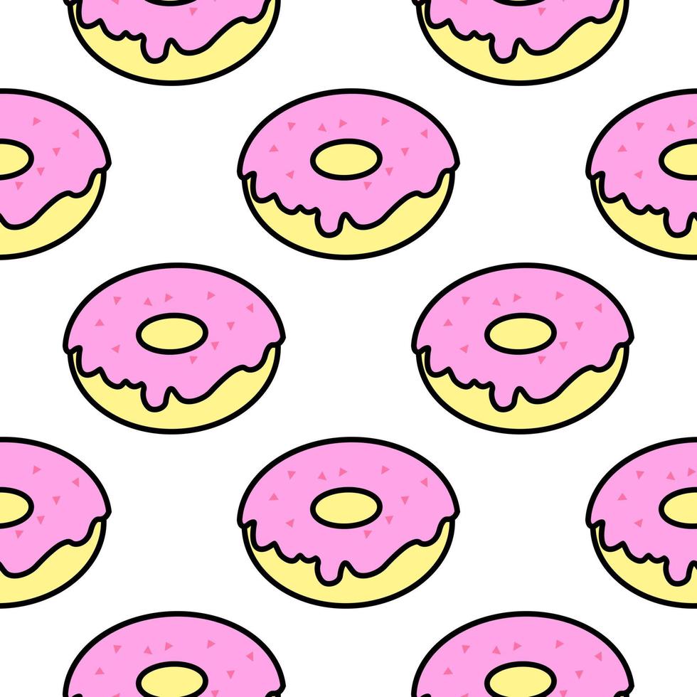 A pattern of bright donuts on a white background in pop art style for print and design. Vector illustration.