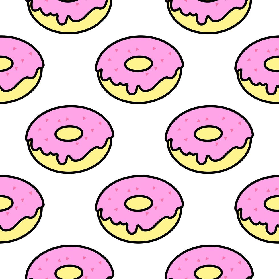 A pattern of bright donuts on a white background in pop art style for print and design. Vector illustration.