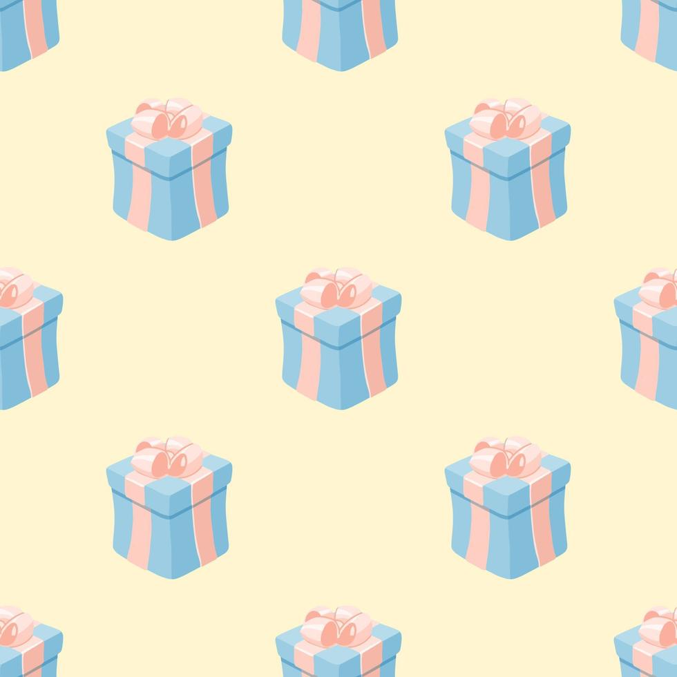 Gift boxes in a pattern on a beige background in cartoon style for print and design. Vector illustration.