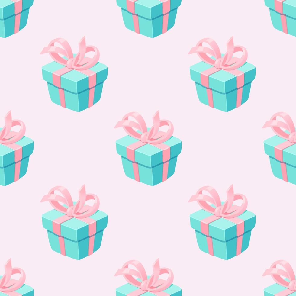 Turquoise gift boxes in a pattern on a light pink background for printing and decoration. Vector illustration.