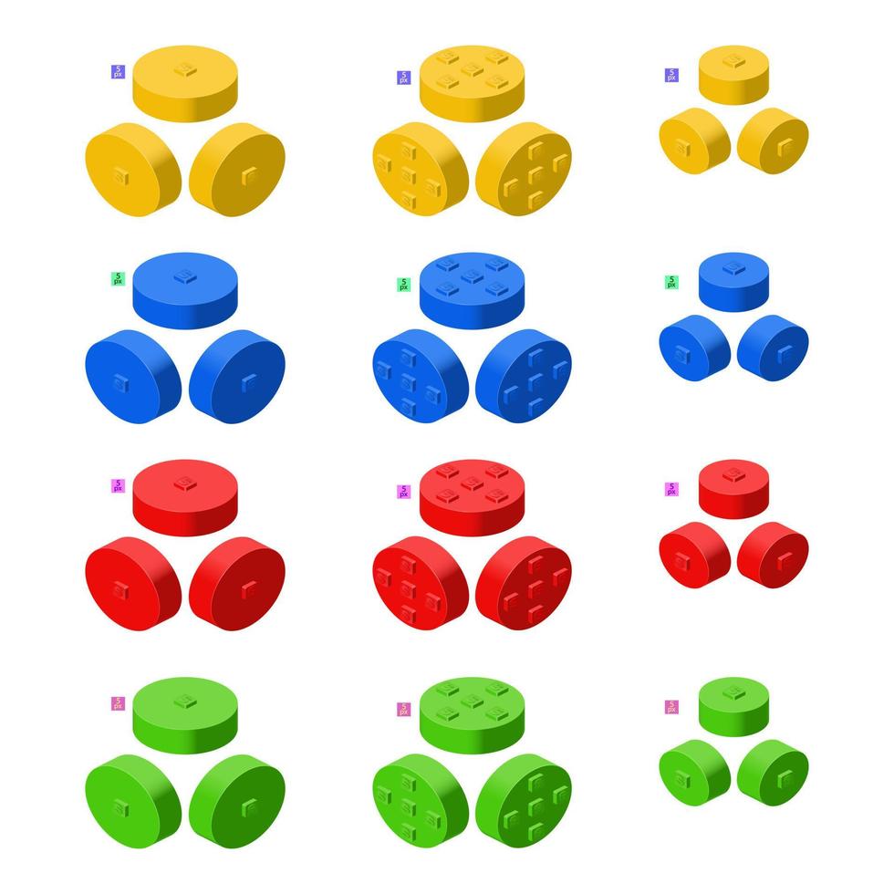 3d set of colored constructor kit in isometry. Cylindrical elements. Vector illustration.