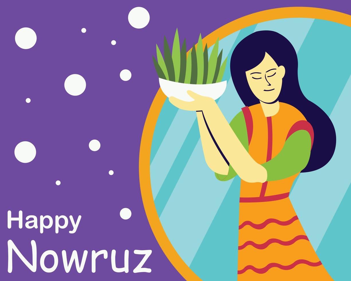illustration vector graphic of a girl holding up a green plant in front of a mirror, perfect for international day, happy nowruz day, celebrate, greeting card, etc.