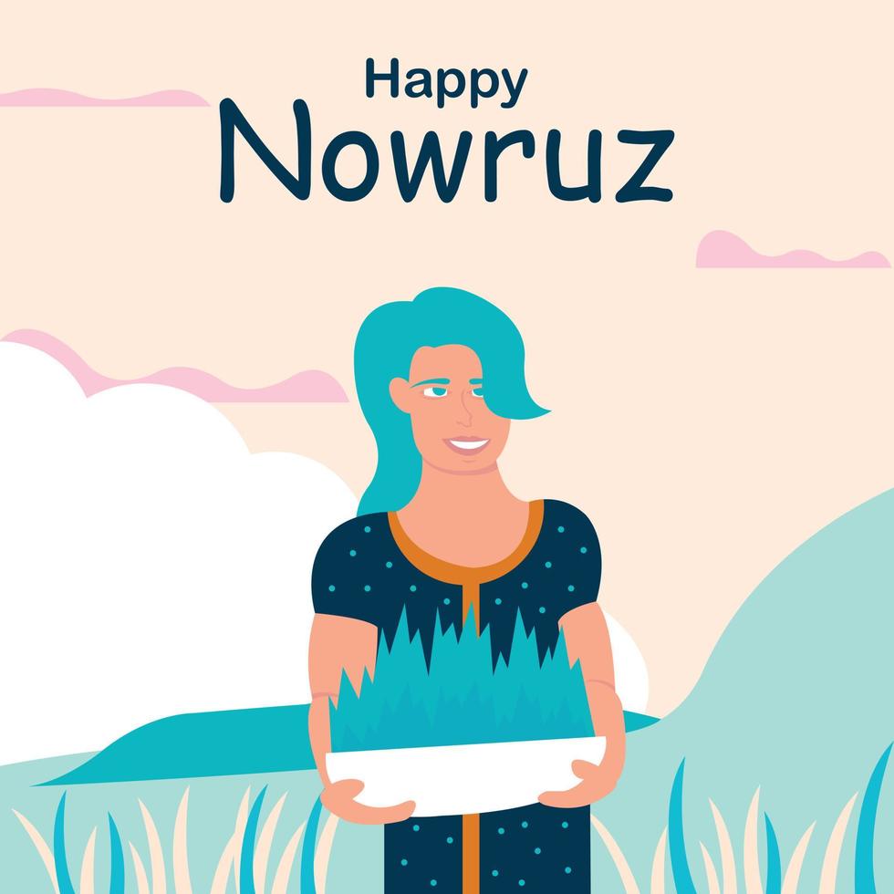 ilustración gráfica vectorial de una mujer que lleva vegetación para celebrar el nowruz, perfecta para el día internacional, feliz día del nowruz, celebración, tarjeta de felicitación, etc. vector