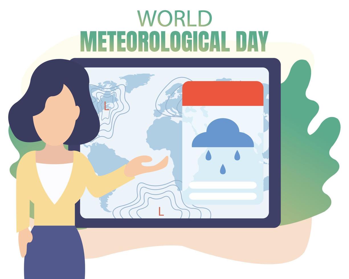 illustration vector graphic of a woman is presenting a weather forecast, showing world map on screen, perfect for international day, world meteorological day, celebrate, greeting card, etc.