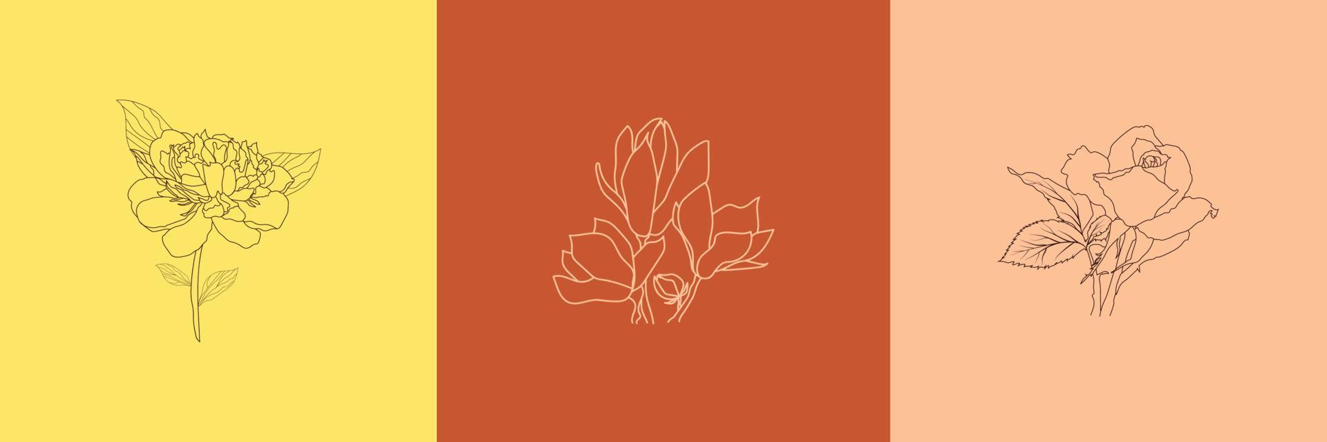 Minimal Hand Drawn Line Art Flower Illustration Set vector