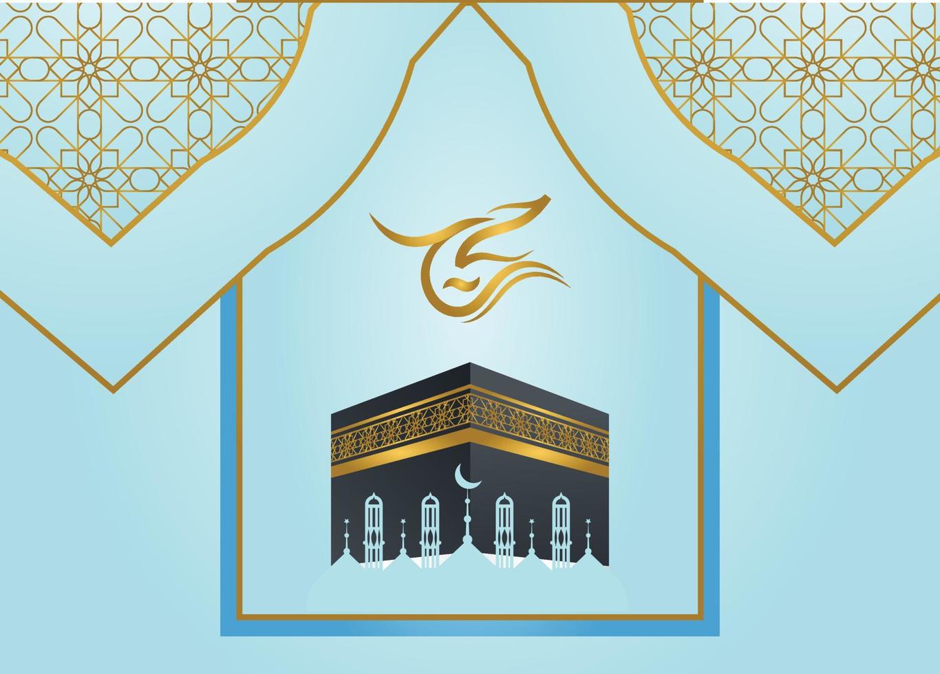 Minimal Hajj Banner and Gold Islamic Border with Kabba Mosque vector