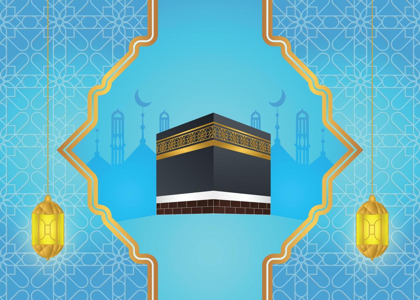 meca hajj banner horizontal con frontera islámica e ilustración de mezquita vector