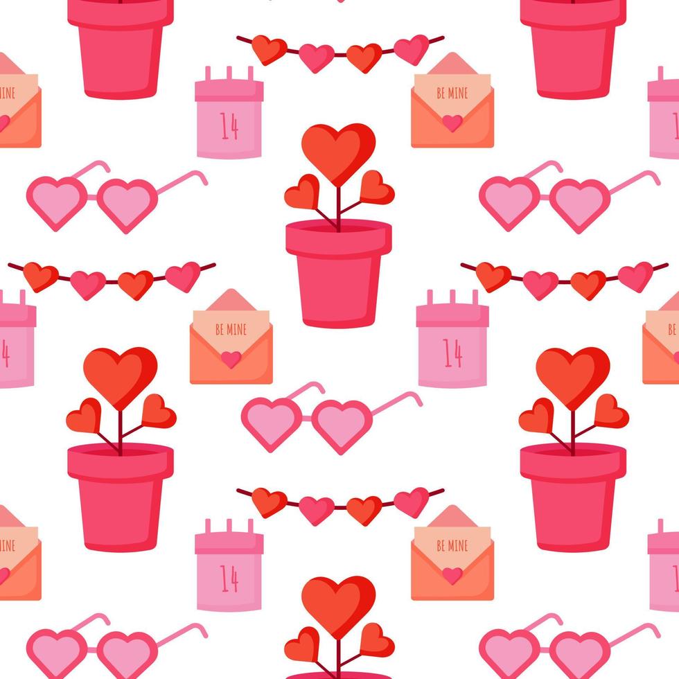 romantic seamless pattern with leters, hearts, glasses and ribbons vector