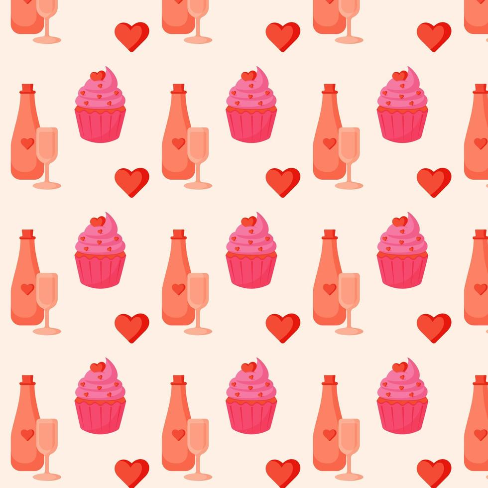 valentine's day pattern with cupcake, heart, bottle with glass vector