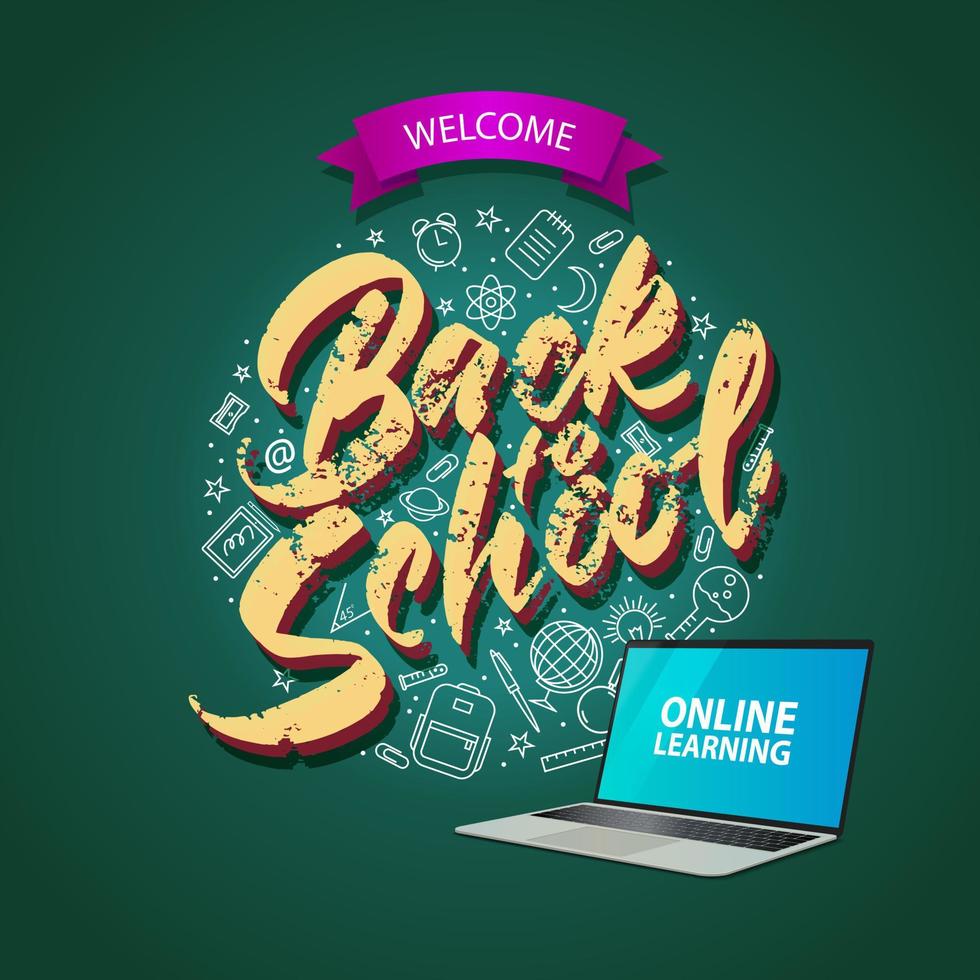 banner cuadrado de regreso a la escuela, educación en línea. letras e iconos lineales. vector