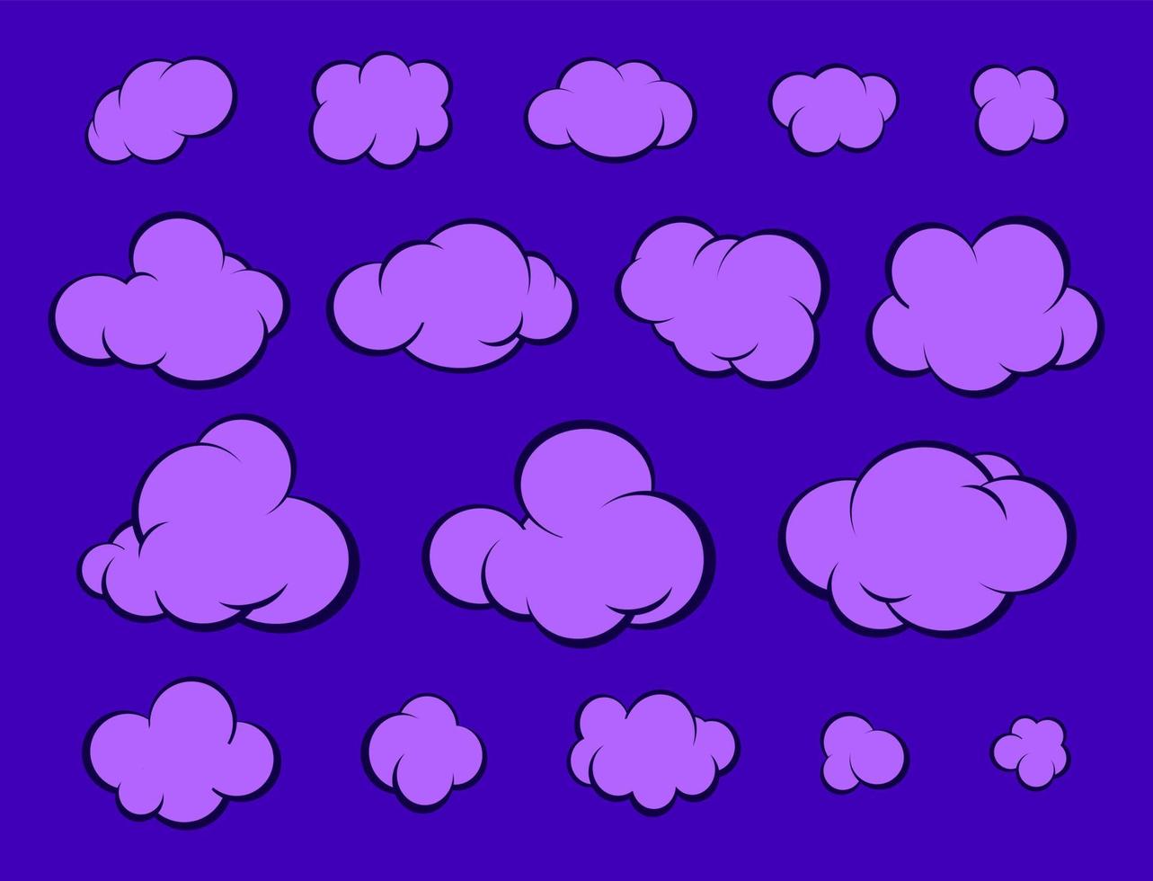 conjunto de nubes de dibujos animados en el cielo nocturno. vector