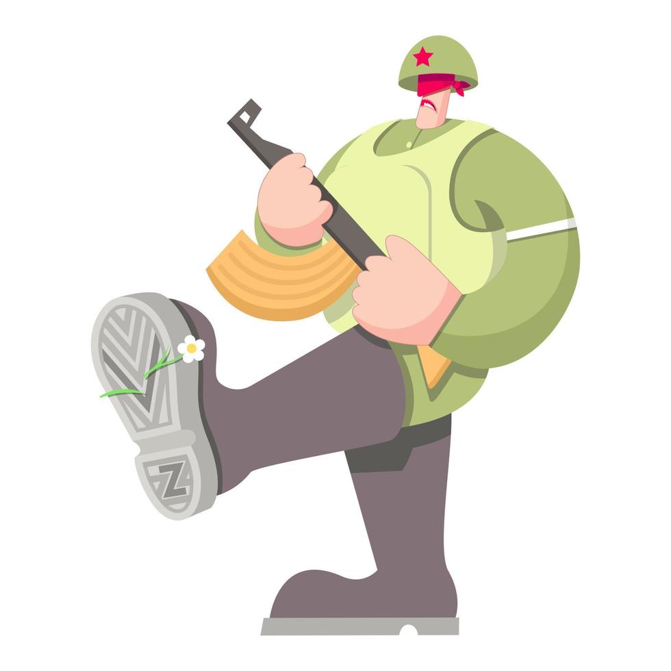 Aggressive walking soldier with a blindfold and a machine gun in his hands. For print and design. Vector illustration.