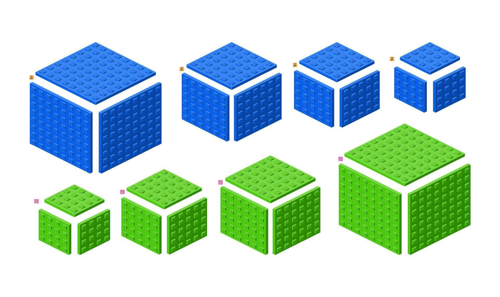 3d set of colored constructor kit in isometry. Square elements in different colors. Vector illustration.