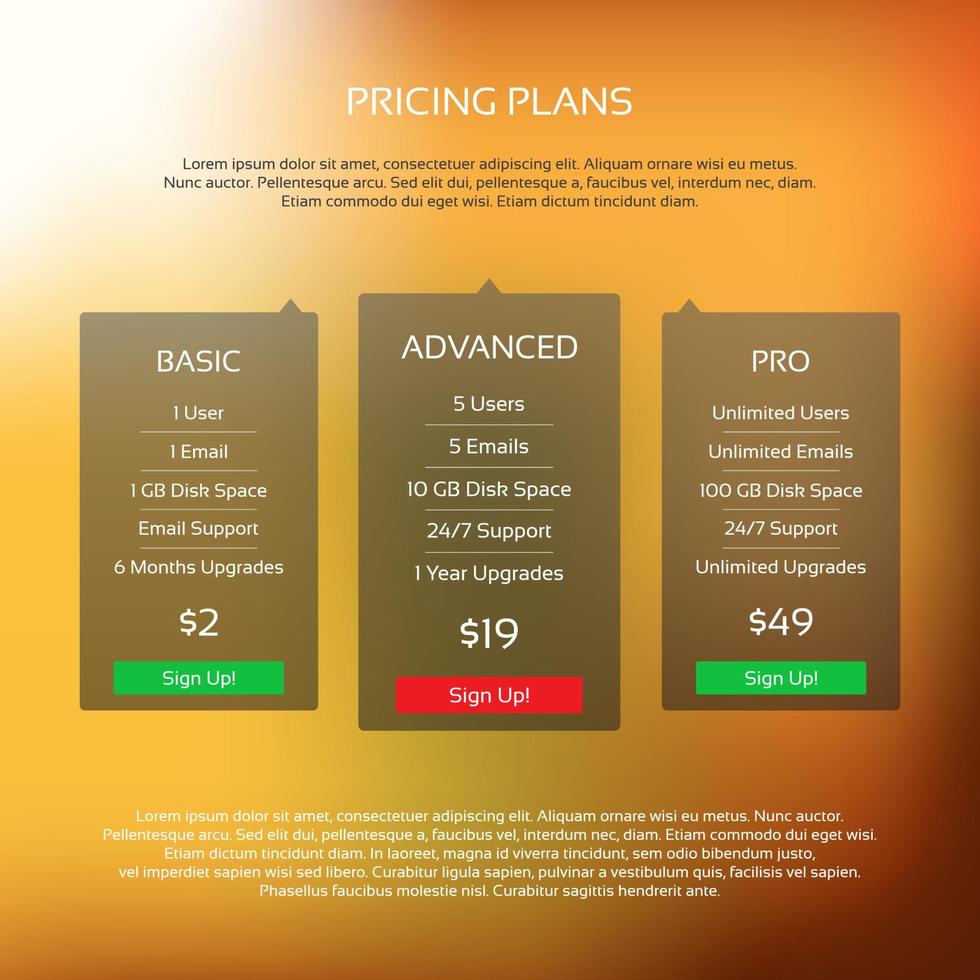 Colorful vector pricing table with three plans for your website and aplications